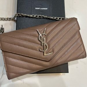 Yves Saint Laurent Taupe Quilted Leather Crossbody Bag with Silver YSL Logo